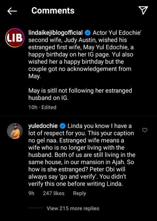 Go and Verify” – Yul Edochie Tackles Linda Ikeji Over Comment On First Wife, May Edochie